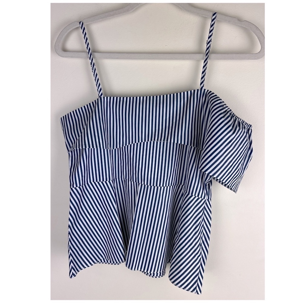 Harshman Sleeveless Ruffle Maia Blouse Top Nautical Coastal Navy White Stripe XS - Picture 5 of 14